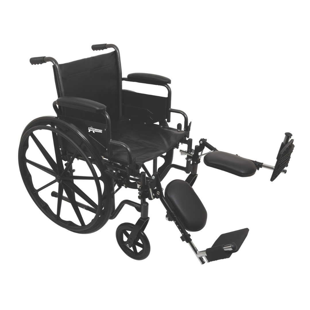 A black ProBasics Standard Hemi K2 Wheelchair with large rear wheels, push handles, armrests, swing-away footrests, adjustable seat height, and elevated leg rests is shown on a white background.